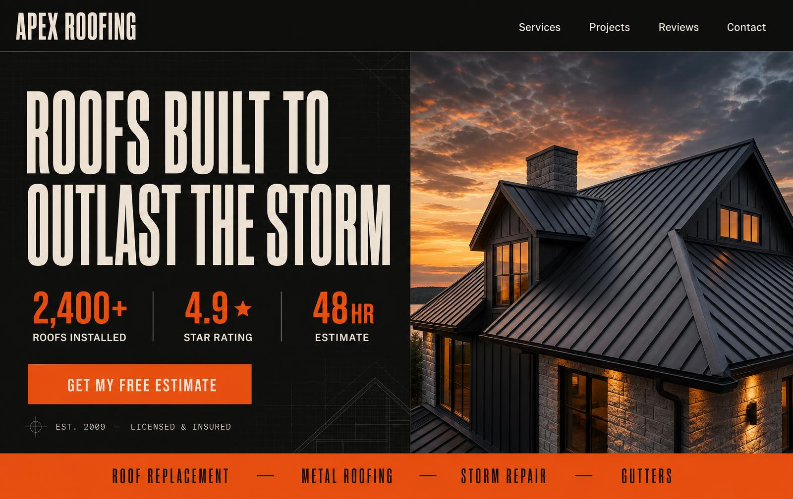 Modern, conversion-focused roofing company website with a bold headline, real project photography and a single estimate call to action