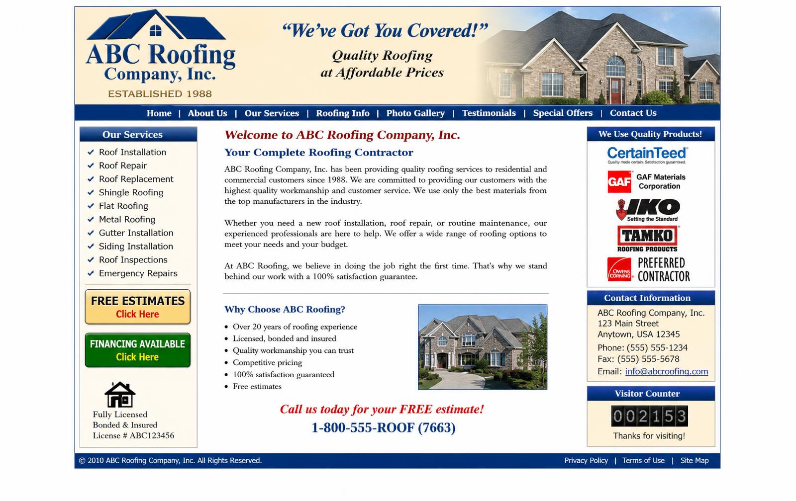 Outdated contractor website from around 2010 with cluttered navigation, small serif text and a generic click here button